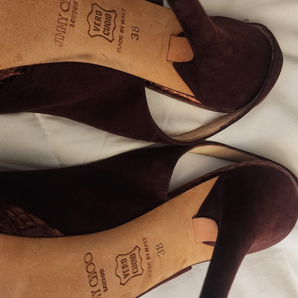 Jimmy Choo 7.5 Stiletto Open Toe Platform Shoes Brown Suede - Picture 6 of 6